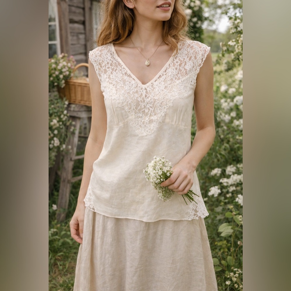 Signature by Robbie Bee 100% Linen Lace Trim Cream Blouse Sz 8 Boho Cottagecore - Picture 1 of 9